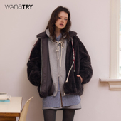 韩系外套 try100%绵羊毛立领抽绳环保皮草冬新品 明星同款 wana