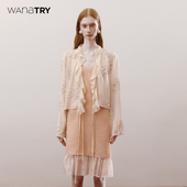 wana 杏色气质休闲上衣女 25冬新品 try重工钉珠喇叭袖 荷叶领薄开衫