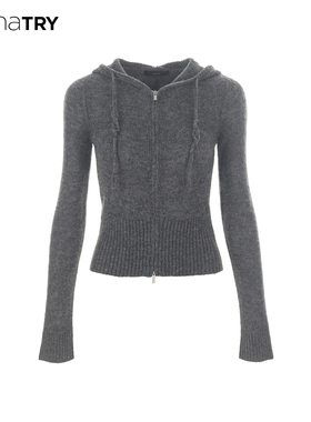 wana try羊驼毛羊毛连帽针织开衫2025秋冬新品灰色韩系简约上衣女