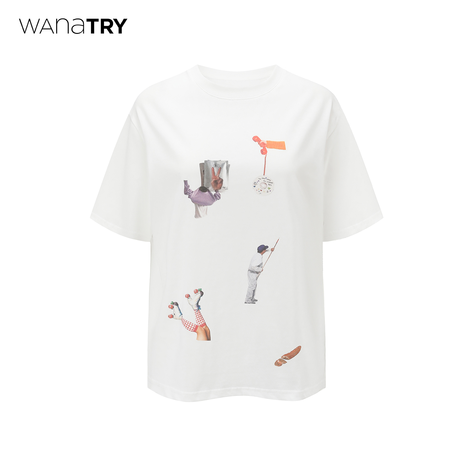 wanatry白色趣味拼贴印花T恤