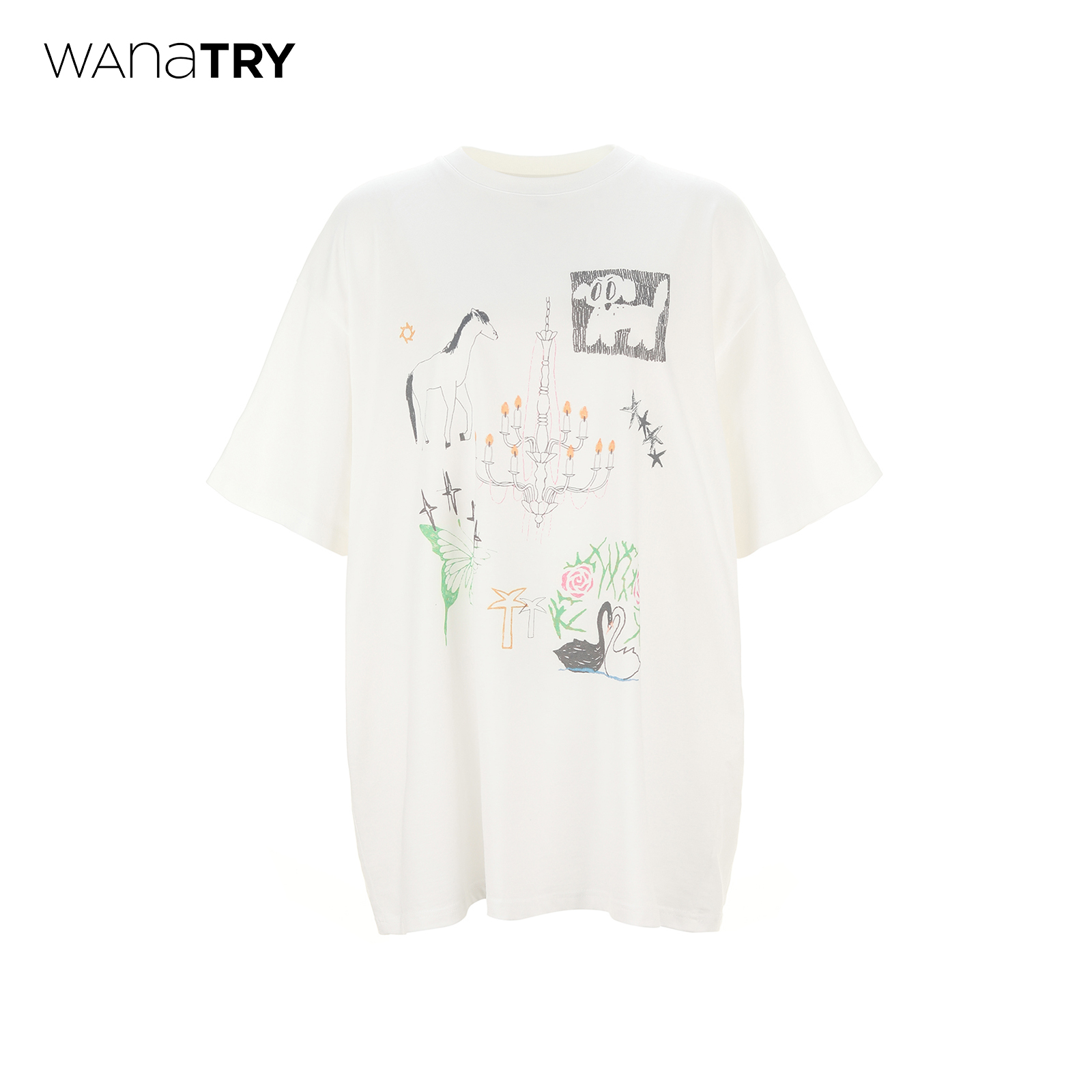 wanatry白色童趣可爱廓形大T恤