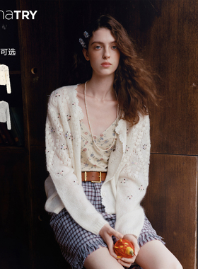 wana try羊毛马海毛绣花法式复古开衫25冬新品百搭简约韩系上衣女
