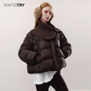 90白鸭绒咖色短款 云朵零压 羽绒服25冬针织围领外套女 try wana