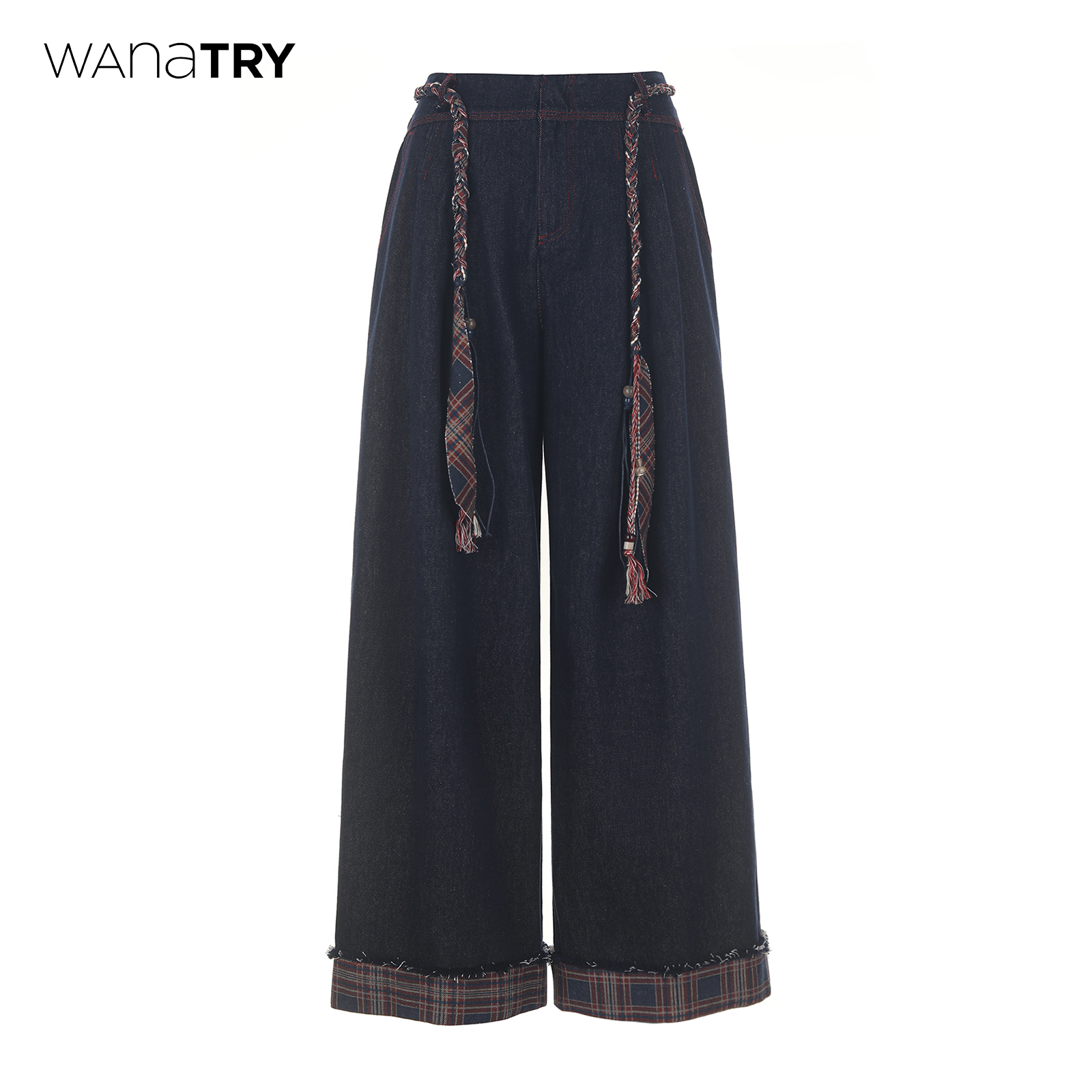 wanatry格纹拼接含腰带牛仔裤女