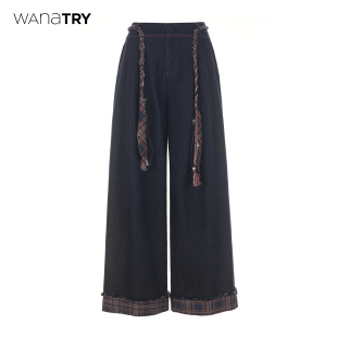 韩系时髦百搭休闲裤 2025秋冬新品 女 try格纹拼接含腰带牛仔裤 wana