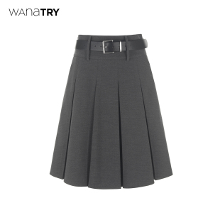 wana 灰色韩系百搭休闲半裙女 try通勤感含腰带百褶裙26春新品