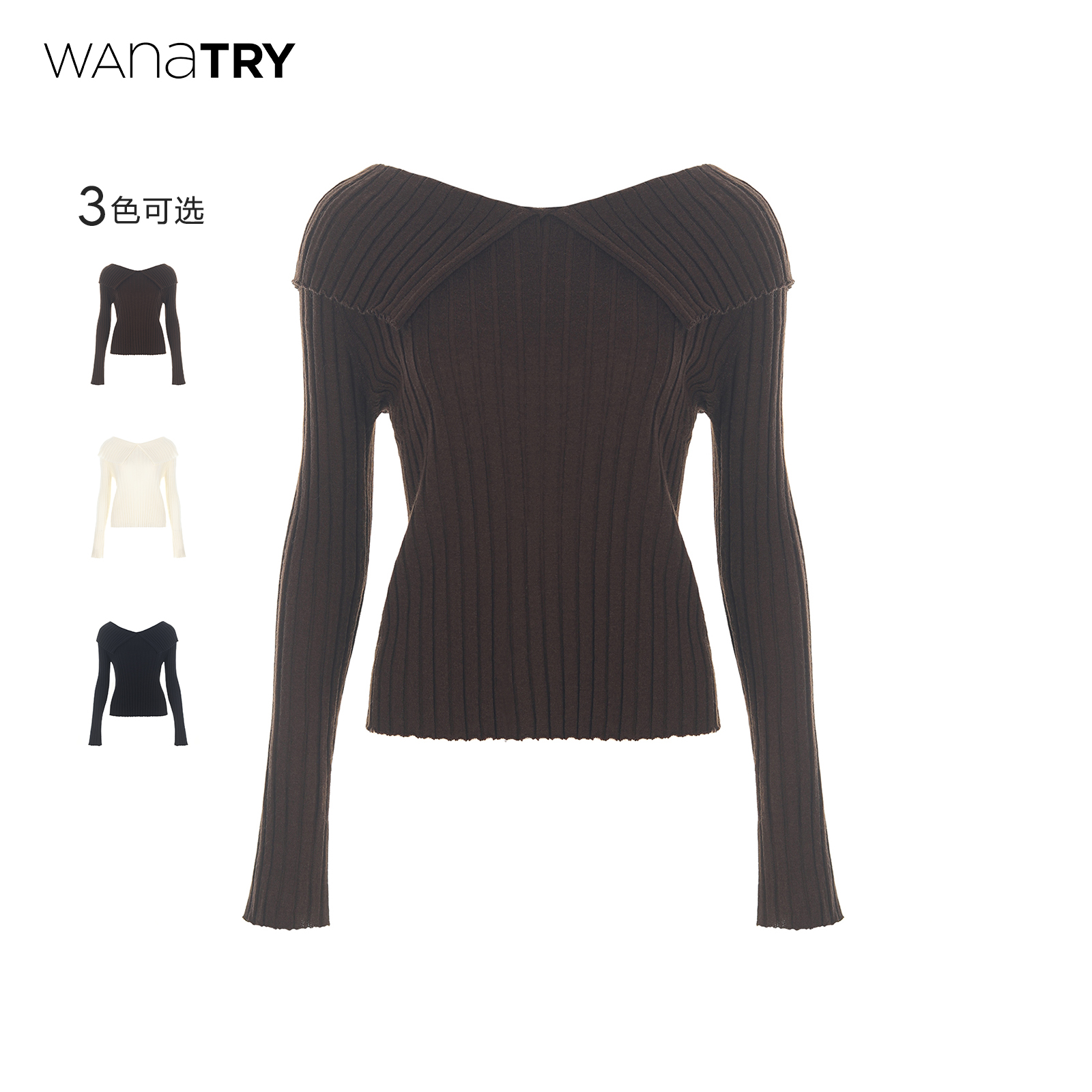 wanatry温柔一字肩羊毛针织衫女