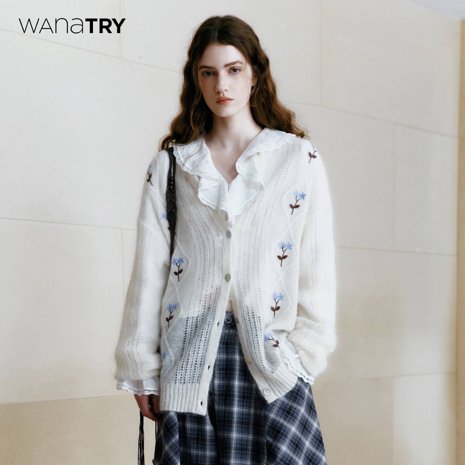 wanatry马海毛绣花慵懒针织开衫