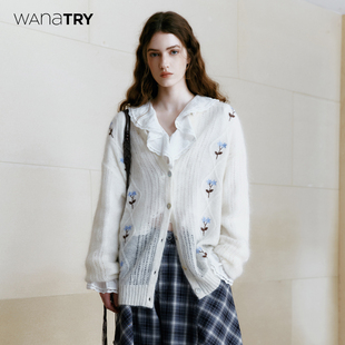 25早秋新品 try马海毛绣花针织开衫 wana 温柔简约上衣 明星同款