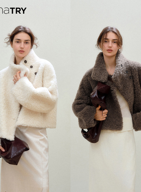 wana try100%绵羊毛高领短款复合皮毛一体外套25秋新品气质上衣女