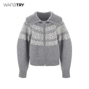 try绵羊毛复古费尔岛提花毛衣外套休闲针织上衣 wana 明星同款