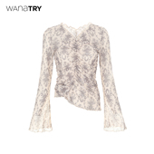 2025秋新品 wana try印花松紧抽褶显瘦打底衫 杏色时髦百搭休闲上衣