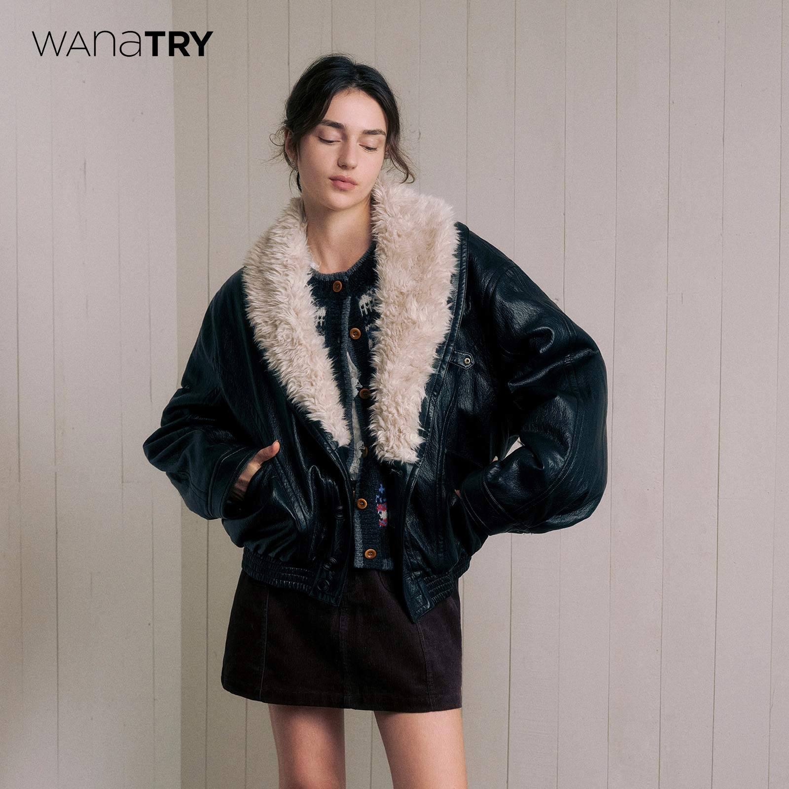 wanatry毛领休闲夹棉皮衣外套女