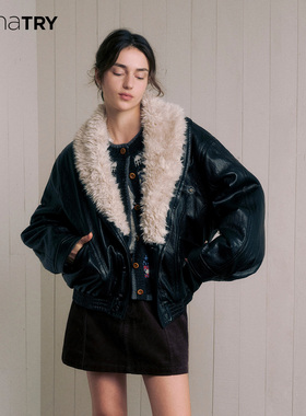 wana try毛领休闲夹棉皮衣外套2025秋冬新品黑色时髦气质休闲上衣