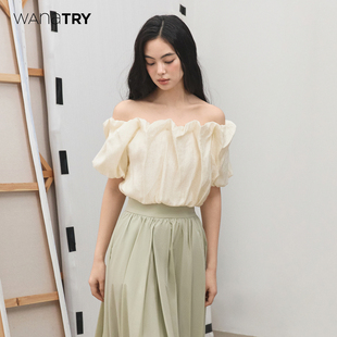 百搭短袖 上衣2025春小众设计感时尚 try杏色褶皱肌理感泡泡袖 wana