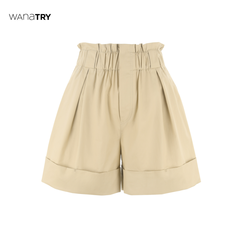 wanatry高腰翻边阔腿质感短裤