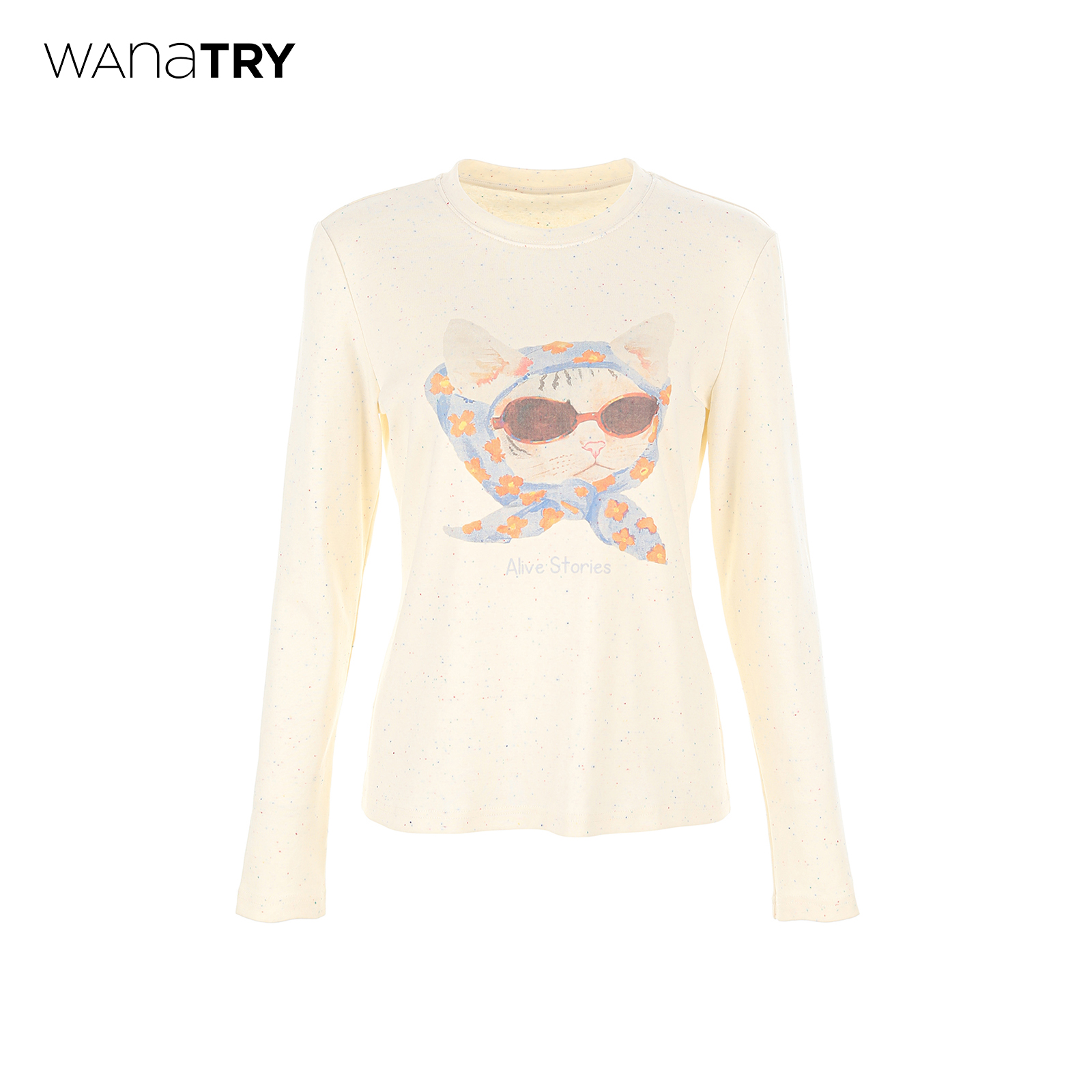wanatry花纱猫咪印花长袖T恤女