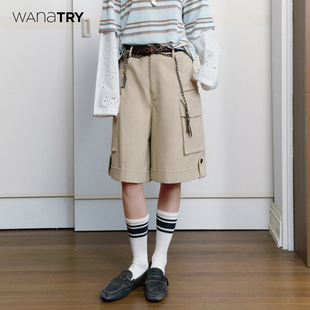 卡其色休闲百搭中裤 wana 26春新品 五分阔腿裤 女 try100%棉酷感工装