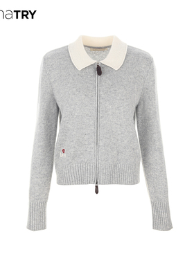 wana try100%绵羊毛撞色领双拉链针织开衫25冬新品浅灰休闲上衣女