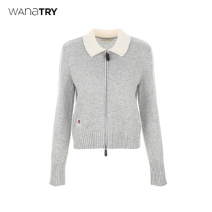 浅灰休闲上衣女 25冬新品 wana try100%绵羊毛撞色领双拉链针织开衫