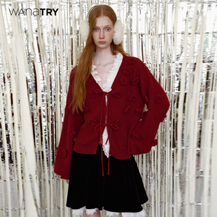 红色复古上衣女 新品 wana try羊毛马海毛花朵领口可拆卸毛衣25冬季