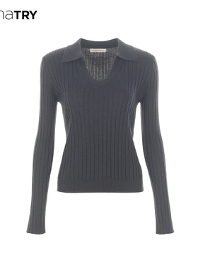 wana try修身显瘦翻领羊毛针织衫25秋新品深灰休闲百搭韩系上衣女