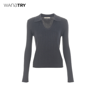 25秋新品 显瘦翻领羊毛针织衫 深灰休闲百搭韩系上衣女 try修身 wana