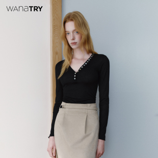 2026春新品 饰显瘦v领打底衫 休闲亲肤设计感上衣女 try纽扣装 wana