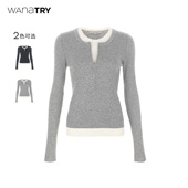 新品 春季 简约韩系上衣女 try羊毛假两件拉链半开襟针织衫 wana