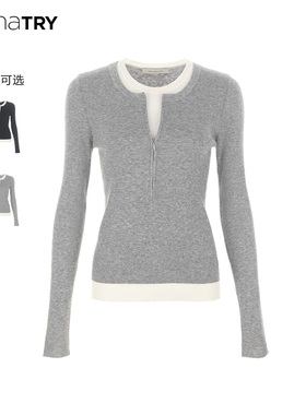 wana try羊毛假两件拉链半开襟针织衫2025秋冬新品简约韩系上衣女