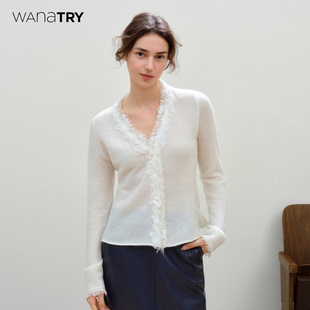 新品 2025冬季 奶白韩系时髦上衣女 try羊毛精致蕾丝V领针织衫 wana