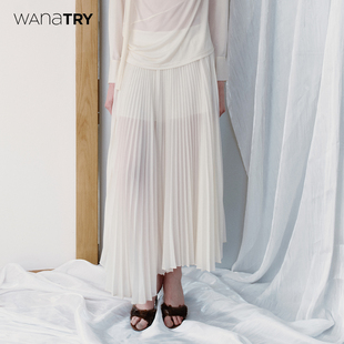 休闲百搭长裙女 新品 wana try重工风琴百褶不规则半身裙春季