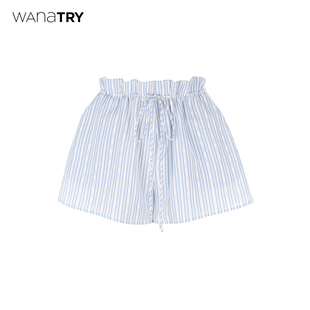 新品 wana try条纹抽绳镂空短裤 2026夏季 女 蓝白清爽感休闲中裤