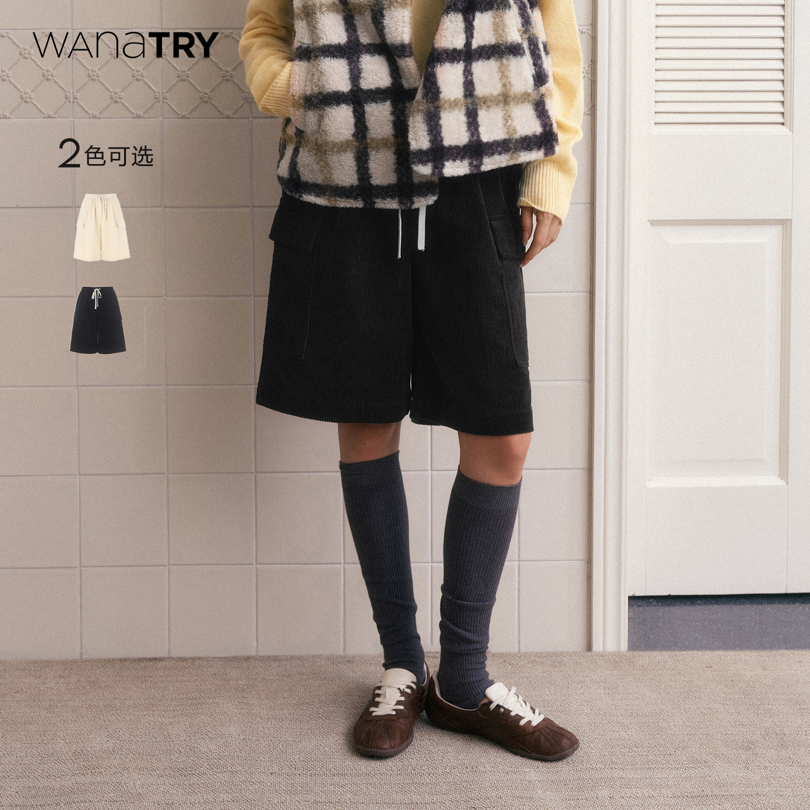 wanatry时髦工装灯芯绒中裤女