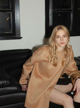 sans marque秋冬骆色羊毛羔大衣外套设计感带围脖中长款女上衣