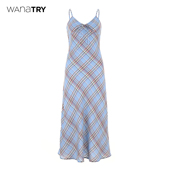 少女格纹吊带裙春夏修身 wana try法式 显瘦吊带长裙V领连衣裙女