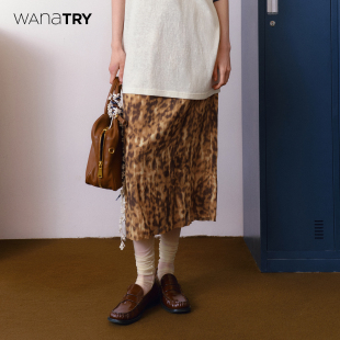 棕色甜酷豹纹休闲半身裙女 新品 wana try时髦百搭中长裙2025夏季