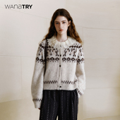try费尔岛宫廷袖 针织开衫 2025秋季 wana 新品 浅灰粉休闲毛衣外套女