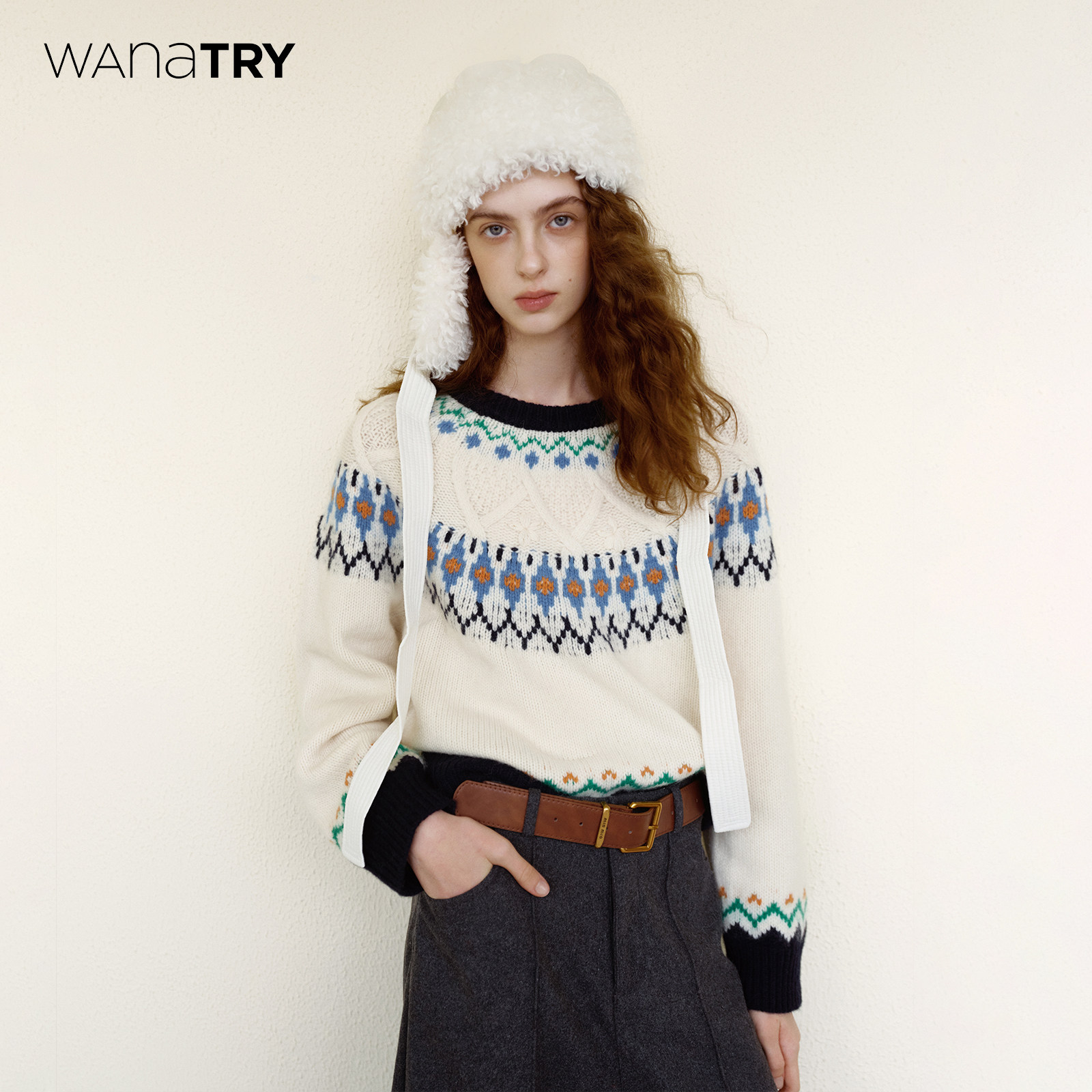 wanatry纯羊毛费尔岛提花毛衣女