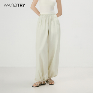 try夏季 休闲百搭舒适宽松直筒裤 新款 裤 女 浅草绿阔腿抽绳工装 wana