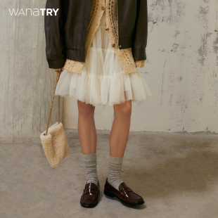 米色可爱百搭A型短裙女 新款 wana try撞色腰头甜美网纱半裙秋季