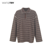 T恤25秋咖色时髦百搭上衣 try条纹复古polo长袖 明星同款 wana
