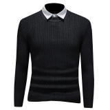 2025秋冬毛衣假两件条纹衬衫领针织毛衣打底衫D316-8205-P100，男装针织衫/毛衣，电商D316