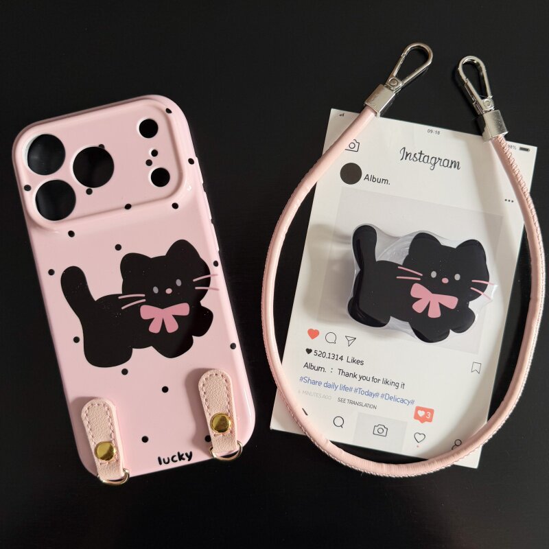 幸运小黑猫适用苹果17promax菲林手机壳iPhone16全包软壳华为P80小米VIVOX300荣耀一加OPPO韩版ins风保护套