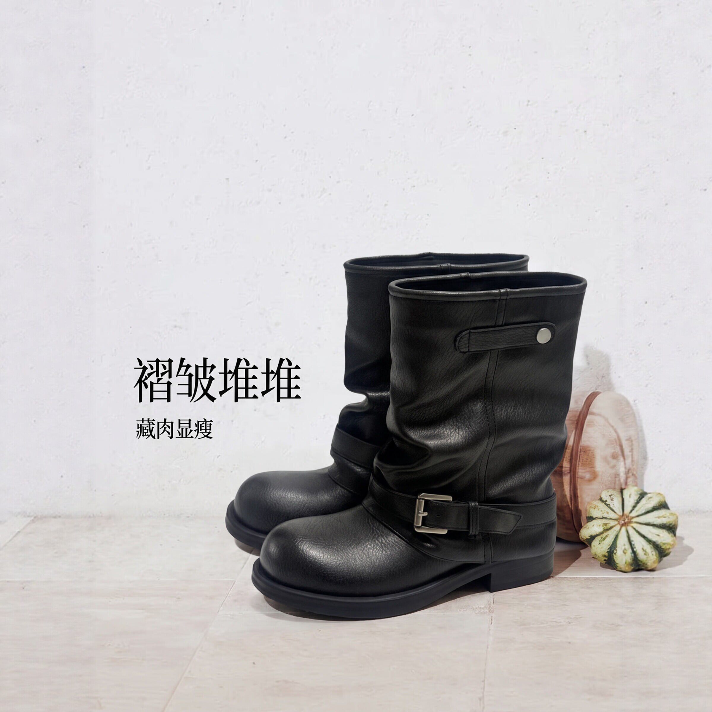 复古皮带扣西部堆堆靴