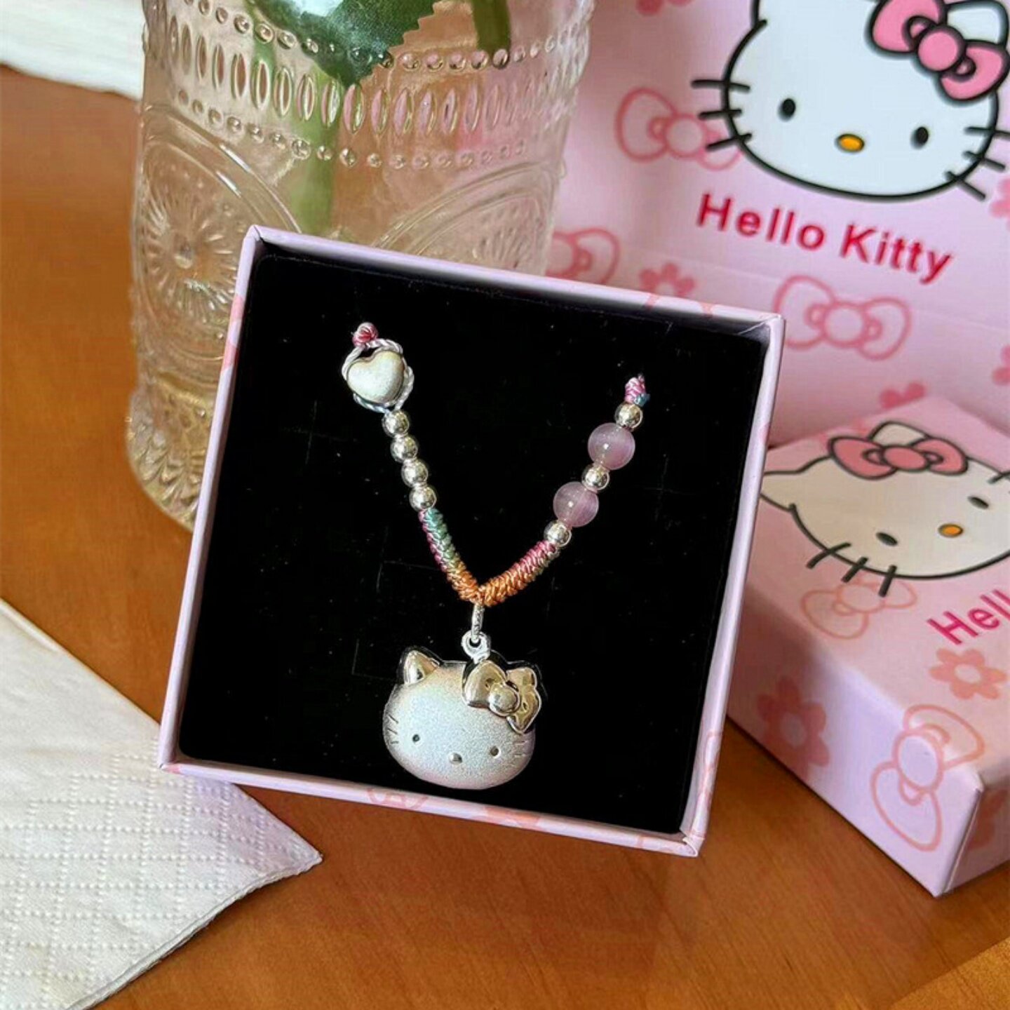 足银999纯银hellokitty猫头吊坠凯蒂KT银项链编绳送女友生日礼物