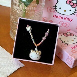 足银999纯银hellokitty猫头吊坠凯蒂KT银项链编绳送女友生日礼物