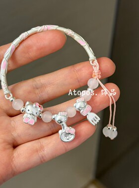 纯银hellokitty猫银镯手链送女友