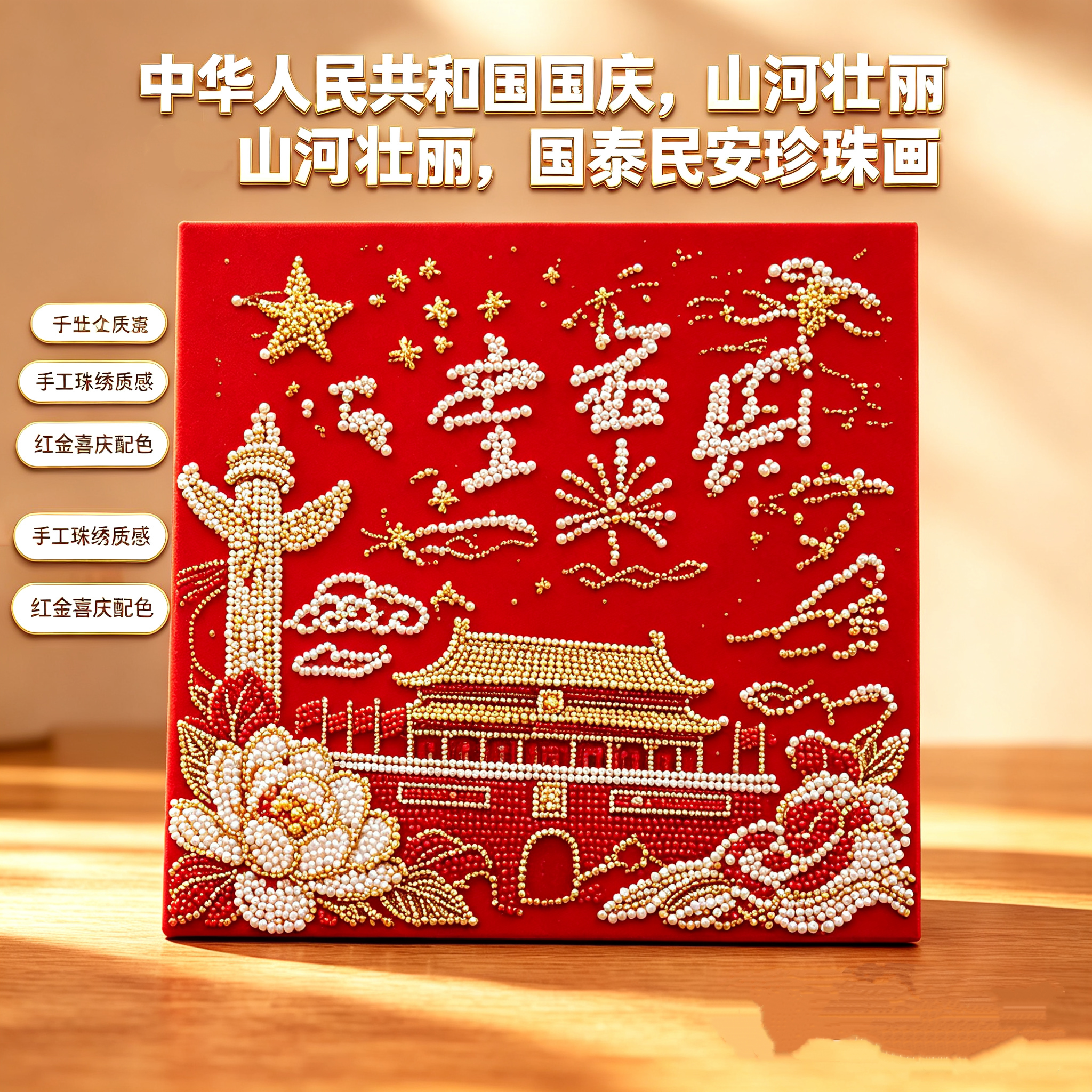 爱国主题手工非遗宋锦珍珠拼贴画