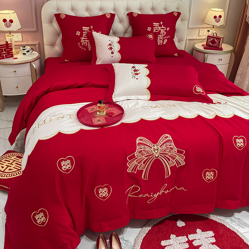 蝴蝶结婚庆120支长绒棉四件套红色婚房全棉纯棉被套喜被床笠结婚4